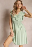 Sukienki - Miętowa Wiskozowa Sukienka z Gumką w Talii i Ozdobą Koronką Binita - Renee - miniaturka - grafika 1