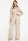 Kombinezony - Beżowy Wzorzysty Kombinezon z Kopertowym Dekoltem i Paskiem w Talii Caerwina - miniaturka - grafika 1