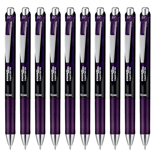 Pentel BL77A2-KA EnerGel żelowe pióro kulkowe z mechanizmem dociskowym, średnica kulki 0,7 mm = grubość linii 0,35 mm, do wielokrotnego napełniania, 10 sztuk, bordowo-czarne