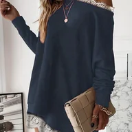 Sukienki - TEMU Jednokolorowa Sukienka z Długim Rękawem i Dekoltem Skośnym z Kontrastową Koronką - miniaturka - grafika 1