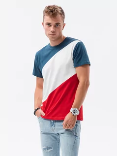 Koszulki męskie - T-shirt męski bawełniany trzykolorowy - niebiesko/czerwony V6 S1627 - grafika 1
