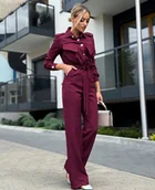 Kombinezony - Elegancki Kombinezon Damski Wiązany w Talii Pasek Bordo L - miniaturka - grafika 1