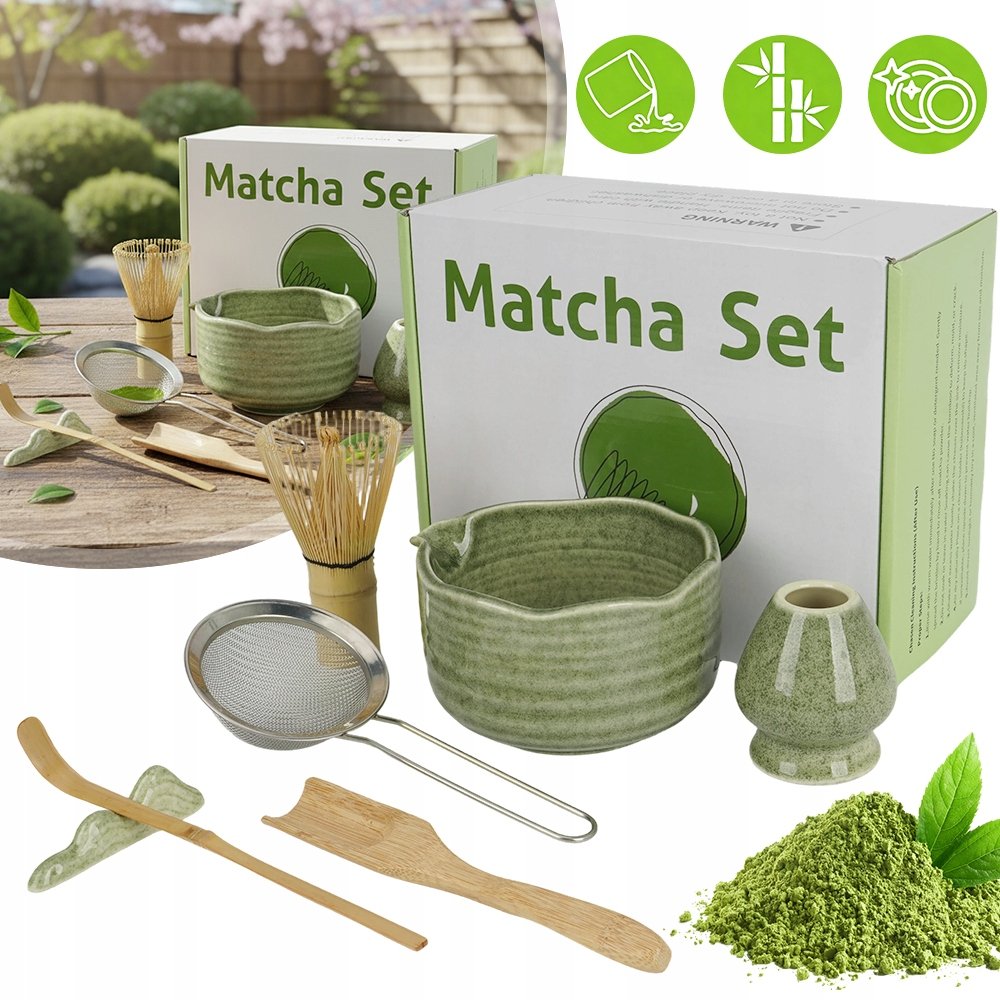 Ceramiczny Zestaw Do Matcha Z 2 Łyżkami Stojakiem Zielony