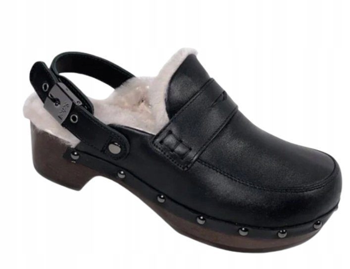 SCHOLL KLAPKI DAMSKIE CZARNE SKÓRZANE DREWNIAKI OCIEPLANE 40 C_F