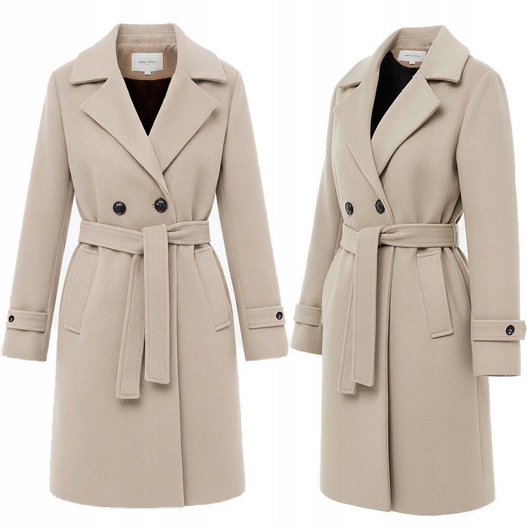 PRĄŻKOWANY PŁASZCZ Z PASKIEM PRZEJŚCIOWY WIOSENNY DAMSKI L BEŻOWY