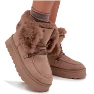 Kozaki damskie - Śniegowce Damskie Na Platformie Z Futerkiem I Wiązaniem Big Star SS274114 Beżowe-40 - miniaturka - grafika 1