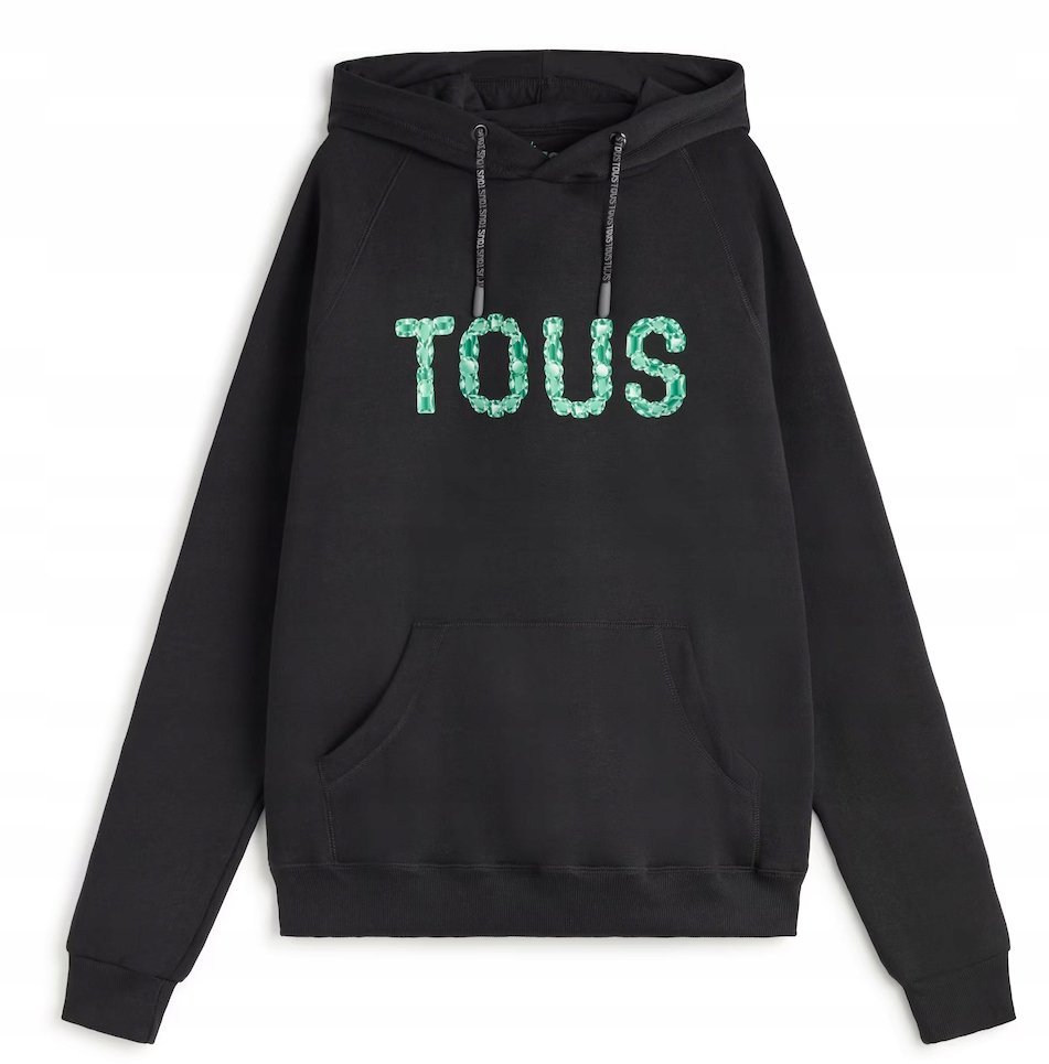 TOUS CZARNA BLUZA Z KAPTUREM Z MIĘTOWYM NADRUKIEM LOGO S 12DA