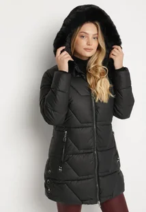 Czarna Taliowana Kurtka z Pikowanymi Przeszyciami i Kapturem z Futrem Avileria - Kurtki damskie - miniaturka - grafika 1