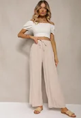Spodnie damskie - Jasnobeżowe Bawełniane Spodnie Palazzo High Waist z Gumką w Pasie Gitanea - miniaturka - grafika 1