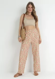 Beżowe Szerokie Spodnie Bawełniane w Fantazyjny Nadruk Miia - Spodnie damskie - miniaturka - grafika 1
