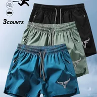 Spodenki męskie - TEMU 3 sztuki męskich oddychających szortów plażowych z kieszeniami - Modne drzewo z głową byka, szorty do pływania i sportów z zapasem, poliestrowo/ - miniaturka - grafika 1