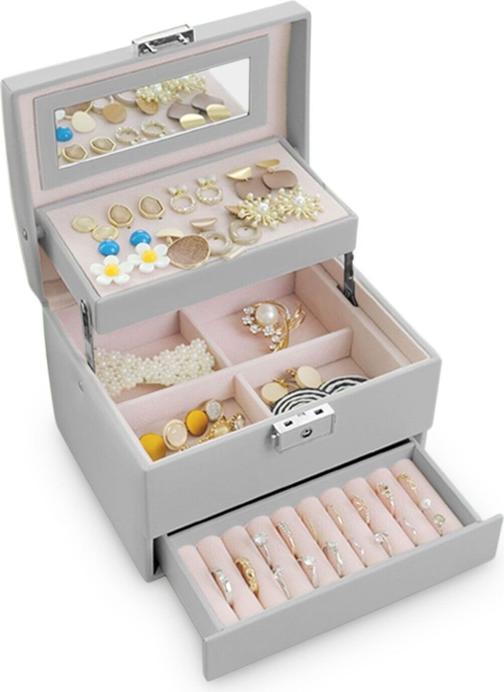 Szkatułka na biżuterię z rączką, Massido, 17x14x12 cm, szara