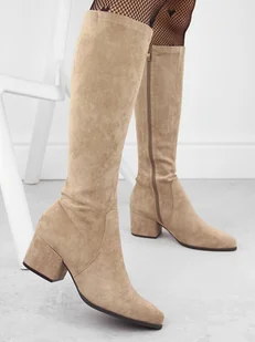 Kozaki damskie zamszowe na obcasie beżowe Sergio Leone KZ212 - Kozaki damskie - miniaturka - grafika 1