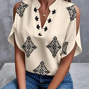 TEMU Elegancka bluzka z geometrycznym nadrukiem na rękawach dla kobiet - Casual Summer Top z czarnym detalikiem gwiazdy i diamentu, poliestrowy - Inne - miniaturka - grafika 1