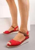 Sandały damskie - Czerwone Klasyczne Sandały Espadryle na Koturnie Zapinane na Sprzączkę Solin - miniaturka - grafika 1