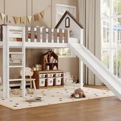 Łóżka dla dzieci i młodzieży - Łóżko piętrowe 90x200 cm z drabinką i zjeżdżalnią - z drewna sosnowego i płyty MDF - białe i brązowe - miniaturka - grafika 1