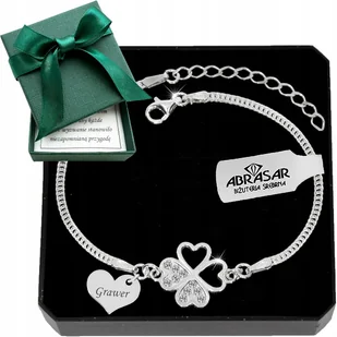 Bransoletka srebrna Koniczynka z cyrkoniami serce na prezent grawer - Bransoletki - miniaturka - grafika 1