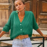 Swetry damskie - TEMU Kardigan Damski z Dekoltem w Serek - Długi Rękaw, Przyciski na Przedzie, Lekka Moda na Jesień/Zimę, Idealny do Stylu Casual, Klasyczna - miniaturka - grafika 1