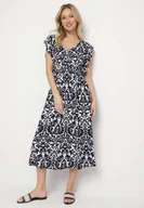 Sukienki - Granatowa Bawełniana Sukienka Rozkloszowana z Falbankami w Ornamentalny Wzór Zaliette - miniaturka - grafika 1