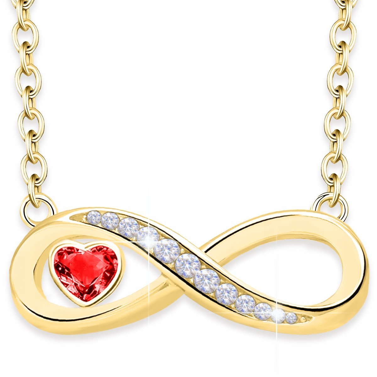Złoty Naszyjnik Nieskończoność Serce Kryształ Czerwona Cyrkonia SREBRO 925