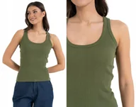 Bluzki damskie - Bluzka Koszulka Damska Bokserka w Paski Prążkowana Bawełna KHAKI MORAJ L - miniaturka - grafika 1