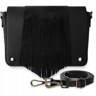 Torebki damskie - Skórzana Listonoszka Torebka Damska Z Frędzlami Boho Zamsz Czarna Torba - miniaturka - grafika 1