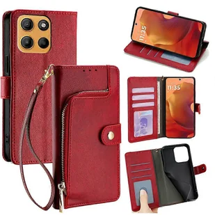 Dla Motorola Moto G15 Power 4G G15 4G Etui Kieszeń na zamek błyskawiczny PU Skórzany portfel z klapką Pokrowiec na telefon - czerwony Wielobarwny Red - Portfele - miniaturka - grafika 1