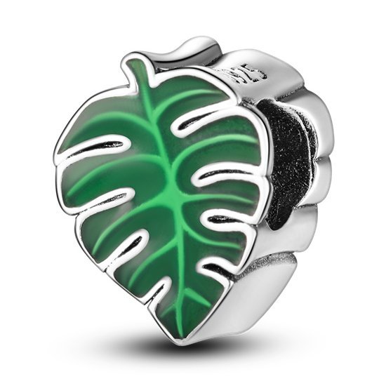 Zawieszka SREBRO 925 Charms koralik Zielony Liść Monstera