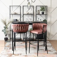 Taborety i hokery - Krzesło Barowe Tapicerowane Plecione Hoker FLORES Różowe Welurowe Nowoczesne Loft - miniaturka - grafika 1