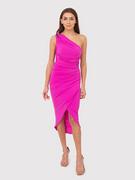Sukienki - Różowa drapowana sukienka midi na jedno ramię DA1770 HOT PINK - miniaturka - grafika 1