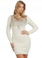 Sukienki - GUESS BEŻOWA PRZYLEGAJĄCA SUKIENKA Z TIULEM I CEKINAMI XS 2CA - miniaturka - grafika 1