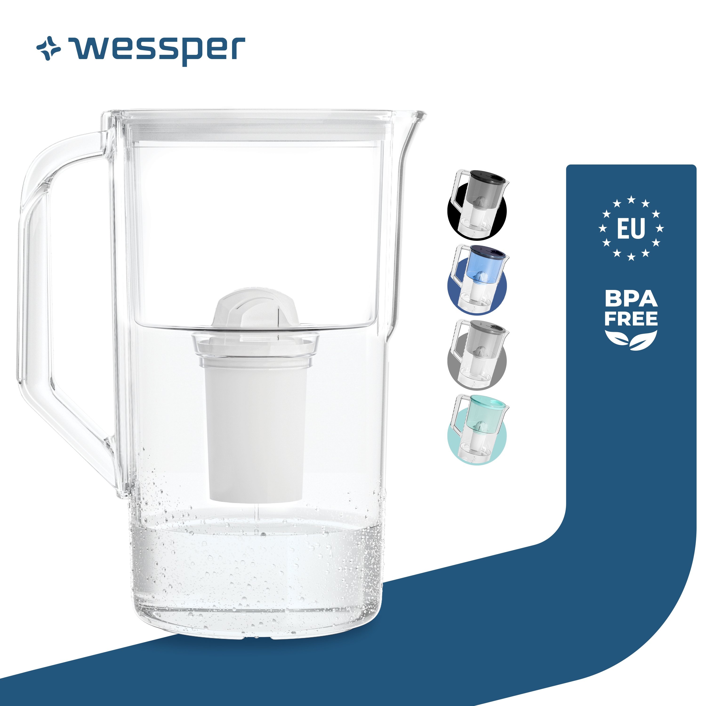 Dzbanek filtrujący wodę Wessper 2,8 l Kompatybilny z filtrem Brita Classic, system filtracji wody redukujący kamień, chlor i filtr wody biały
