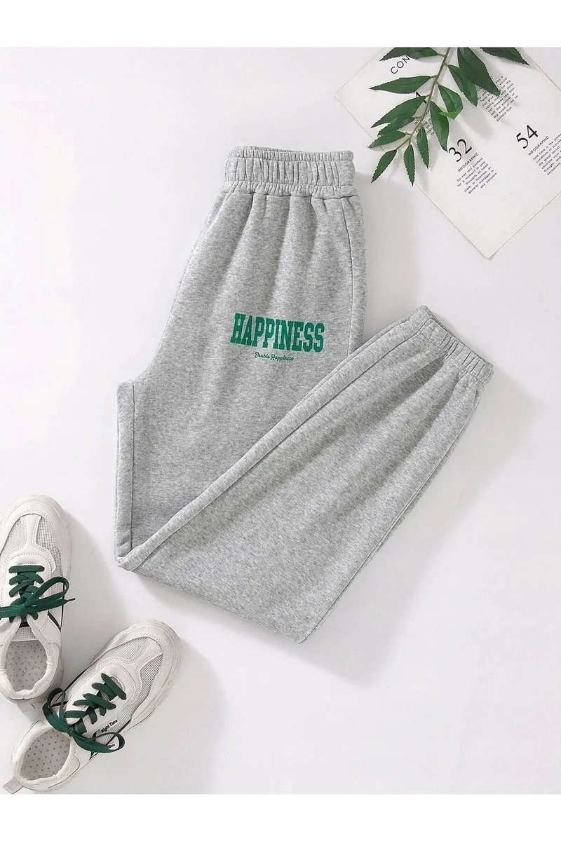 SZARE SPODNIE DRESOWE Z ZIELONYM NADRUKIEM HAPPINESS M 5IA