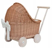 Wózki dla lalek - Wózek Wiklinowy Dla Lalek Naturalny Pchacz pościel - miniaturka - grafika 1