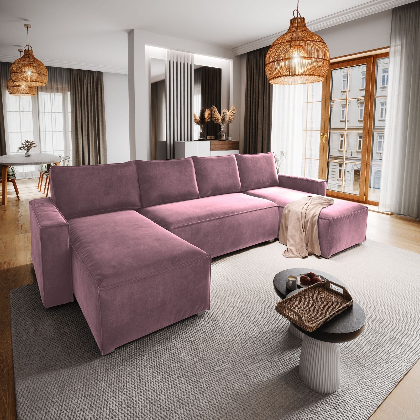 Masseno Narożnik DENI z funkcją spania i pojemnikiem na pościel Kształt U, Rozkładana sofa, Rogówka - Pudrowy róż, MONOLITH 62