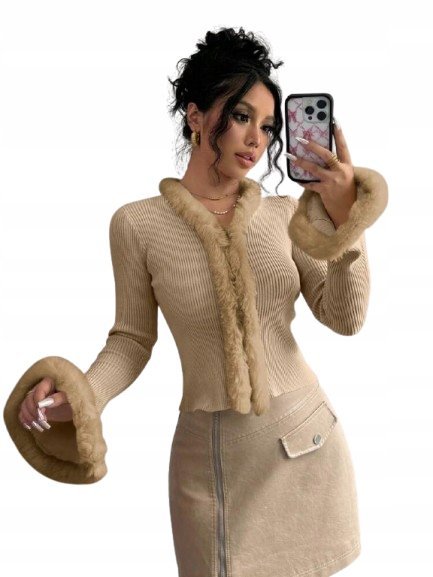 Shein sweter beżowy z długim rękawem na guziki damski 40/42 1BF