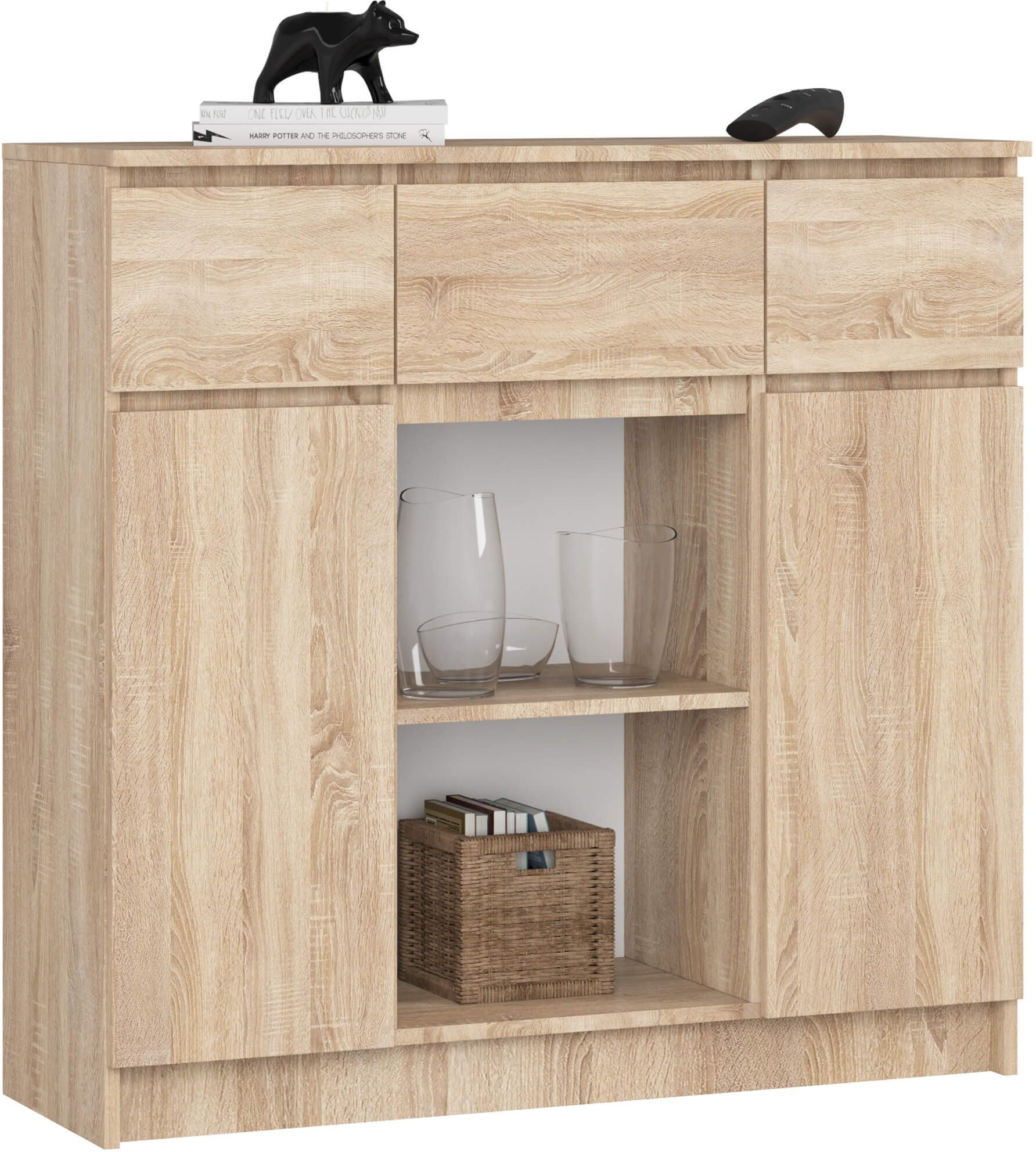 Komoda do salonu 101 cm 2 drzwi 3 szuflady 6 półek pojemna - dąb sonoma