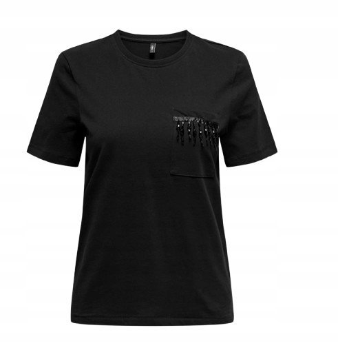 ONLY CZARNY T SHIRT Z KIESZENIĄ I CZARNYMI CEKINAMI S 1J9A