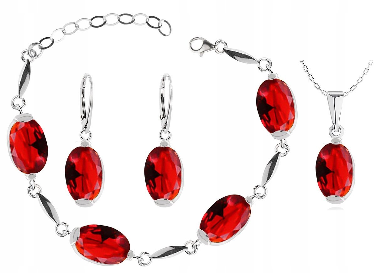 Srebrny Komplet Biżuterii Z Czerwonymi Cyrkoniami