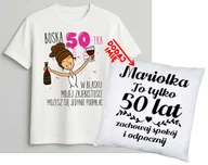 Gadżety dla niej i dla niego - Personalizowany zestaw prezentowy na 50 urodziny dla kobiety - KOSZULKA ORAZ poduszka z imieniem na 50 urodziny dla BRUNETKI W BLASKI MOJEJ - miniaturka - grafika 1