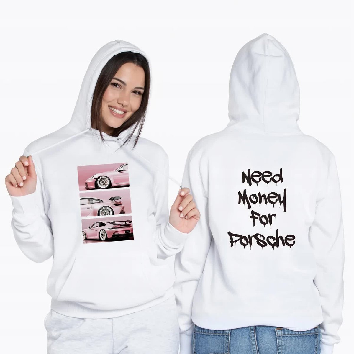 BLUZA DRESOWA Damska BIAŁA Z Kapturem Na Jesień NEED MONEY FOR PORSCHE - S
