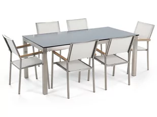 Beliani Stół szklany czarny - 180 cm - z 6 białymi krzesłami - GROSSETO - Meble ogrodowe - miniaturka - grafika 1