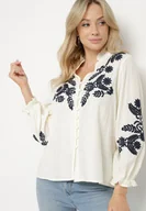 Koszule damskie - Beżowa Koszula z Bawełną i Wiskozą Ozdobiona Haftem Naliven - miniaturka - grafika 1