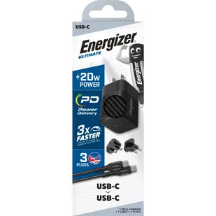Energizer Ultimate - Ładowarka sieciowa Multiplug EU / UK / US GaN USB-C 20W PD + kabel USB-C (Czarny) - Ładowarki do telefonów - miniaturka - grafika 2