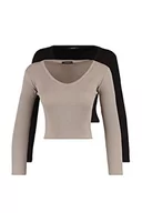 Bluzki damskie - Trendyol Damska dopasowana bluzka z dzianiny z dekoltem w serek, Beżowy/brązowy, XS - miniaturka - grafika 1