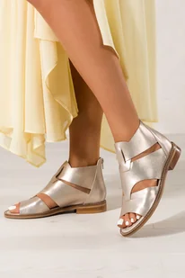 Szampańskie botki skórzane wiosenne damskie z wycięciami płaska podeszwa ozdobiona cyrkoniami PRODUKT POLSKI Casu 1072 - Sandały damskie - miniaturka - grafika 1