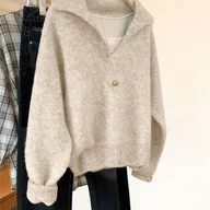 Swetry damskie - TEMU Elegancki sweter damski w stylu francuskim z dekoltem w serek - miękki sweter z długim rękawem zapinany na guziki, jednolity , przytulny sweter - miniaturka - grafika 1