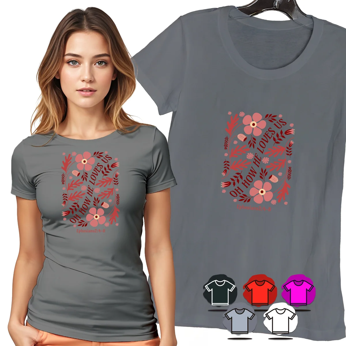 KOSZULKA DAMSKA T-SHIRT - KWIATY OH HOW HE LOVES US WIARA DLA NIEJ - 3XL