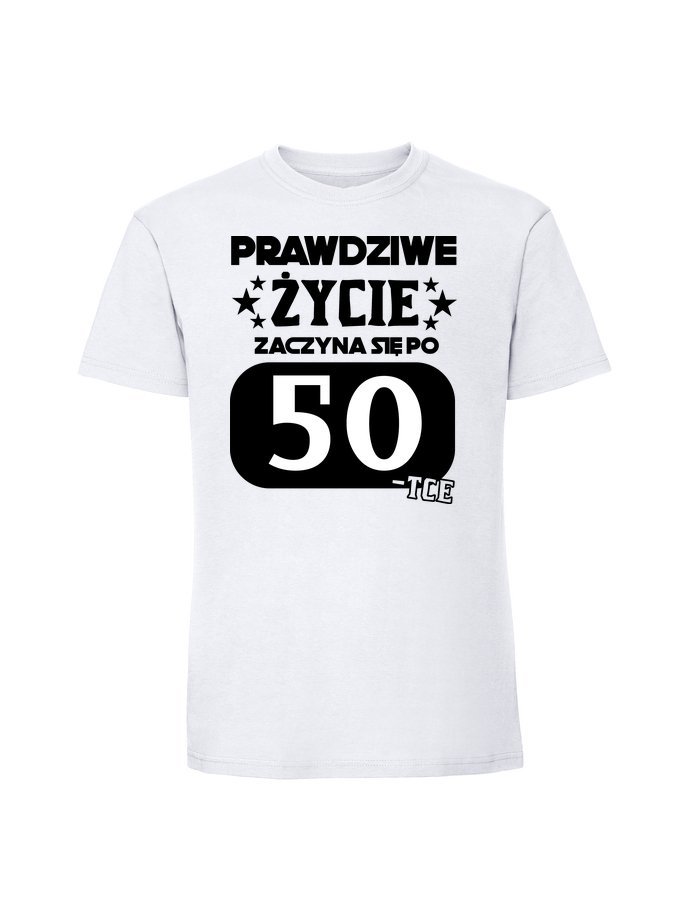Męska koszulka z nadrukiem -50 PRAWDZIWE ŻYCIE 50 biały S