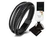 Bransolety męskie - Skórzana Bransoletka Męska Czarna Skóra Tytanowa - miniaturka - grafika 1